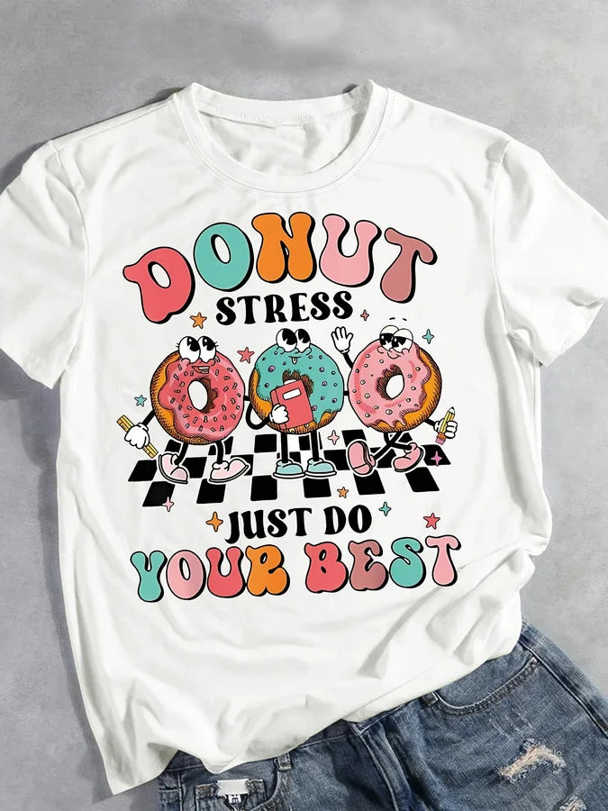 Cartoon Donut Print T-shirt, Short Sleeve Crew Neck Casual Top For Summer & Spring, Women's Clothing