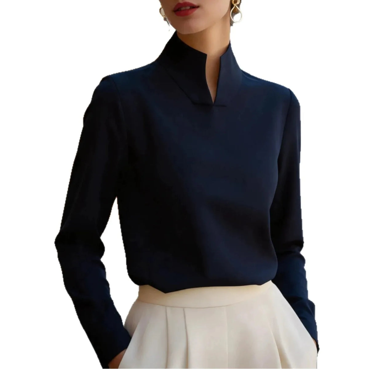 Women Split Stand Collar Long Sleeve Solid Blouse Loose Fit Elegant Formal Business Office Commuter Minimalist Top