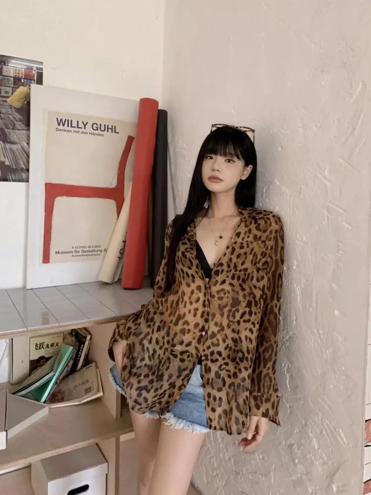 Seeslim Hotsweet Leopard Chiffon Shirt Women Button Up Single Breasted Long Sleeve Autumn Tops 2000s Y2k Shirts And Blouses Chic