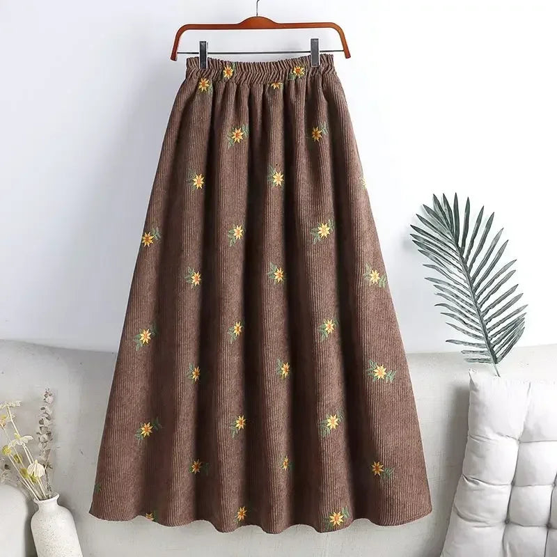 Corduroy Embroidery Women's Skirts Autumn Winter New Arrival Floral Skirts Female High Waist Slimming Mid-calf Skirt for Woman
