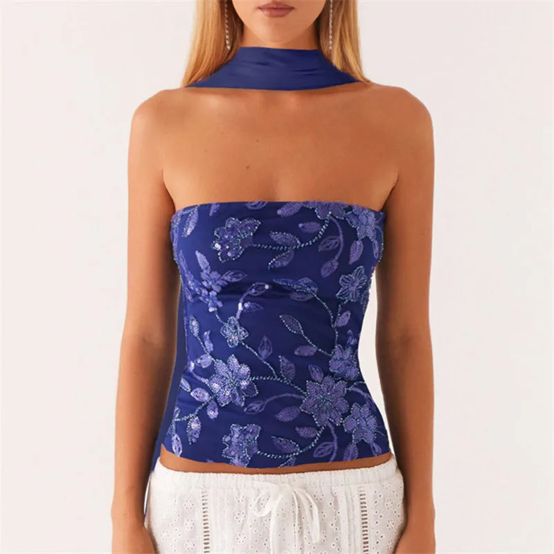 hirigin Women Y2K Sequin Tube Top with Scarf Sexy Backless Pearl Embellished Beaded Cami Bling Glitter Rhinestone Camisole