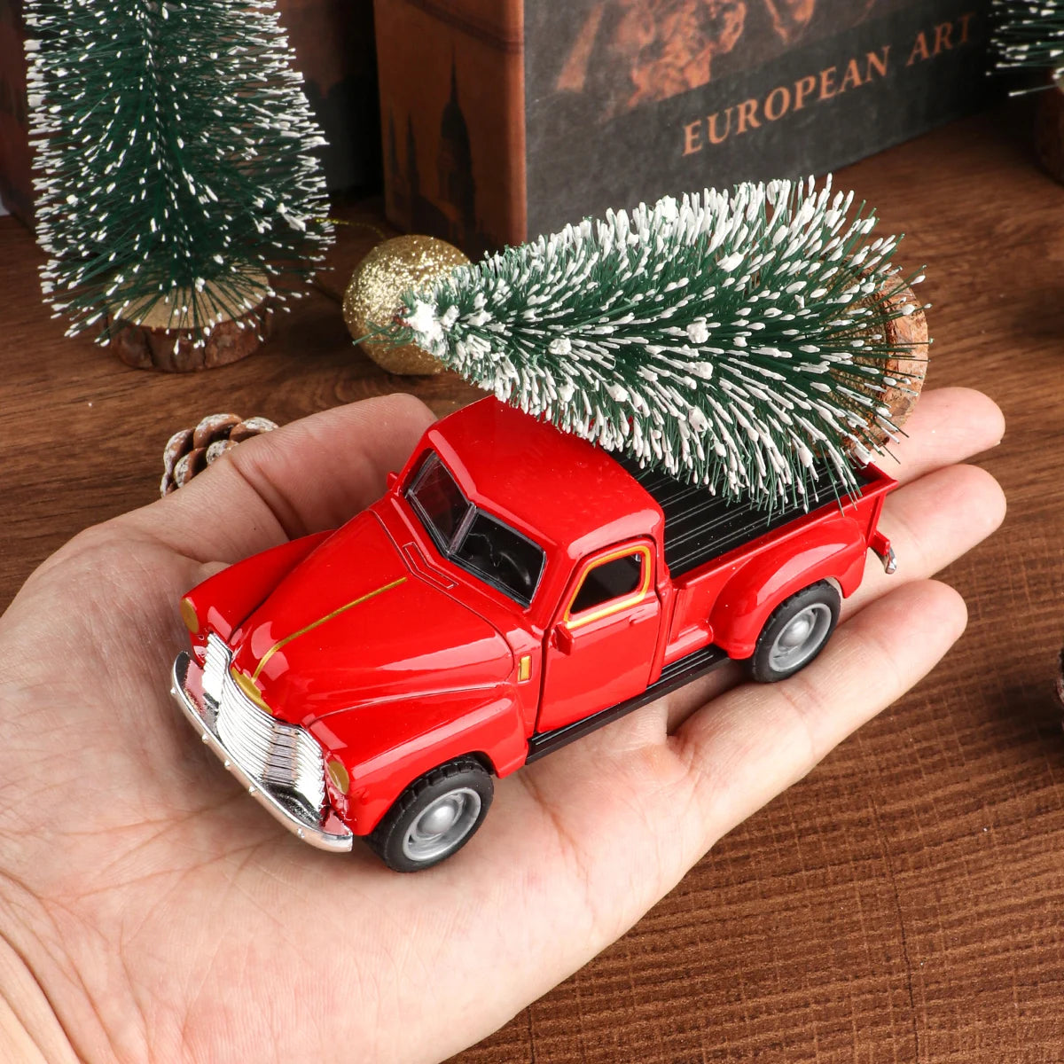 Mini truck+Christmas tree 2-piece ornament set; a good thing for home atmosphere decoration; living room and office desk ornamen