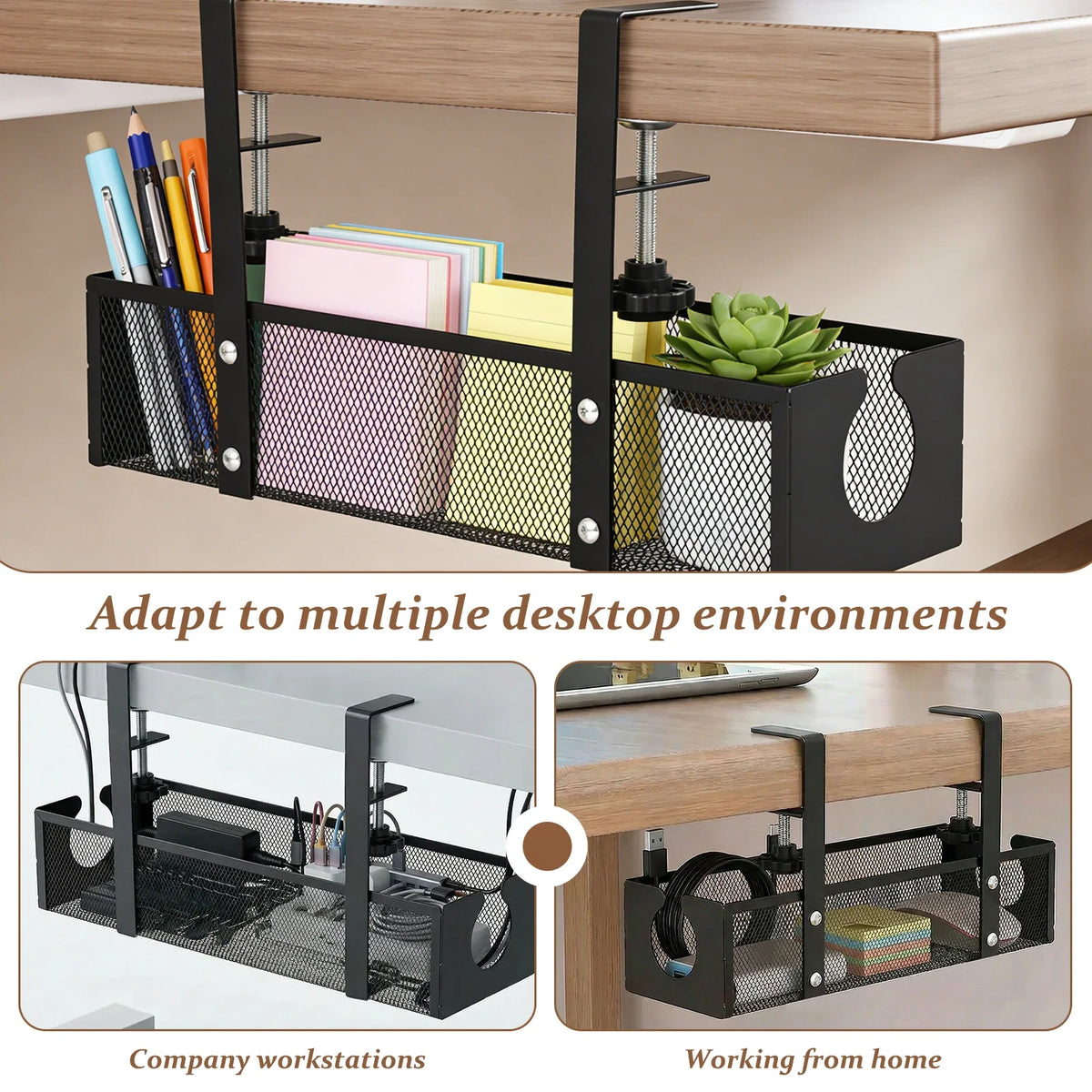 Under Desk Cable Management Tray Carbon Steel No Drilling with Clamp Desk Wire Organizers Table Cord Management Storage Tray