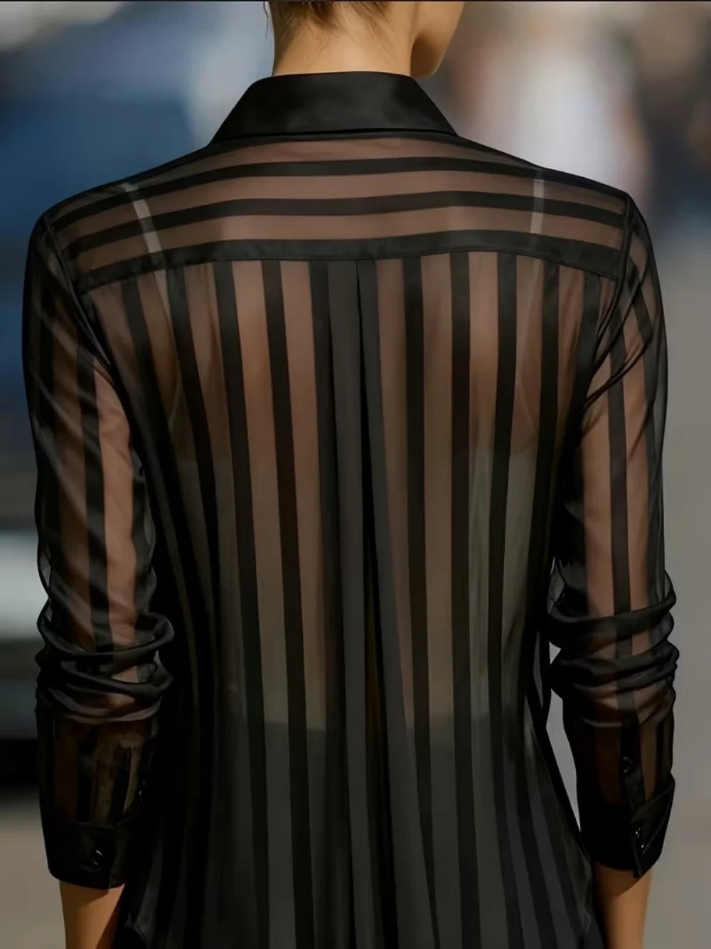 Sheer Vertical Stripe Button Down Shirt Long Sleeve Collared Blouse For Women Office Top