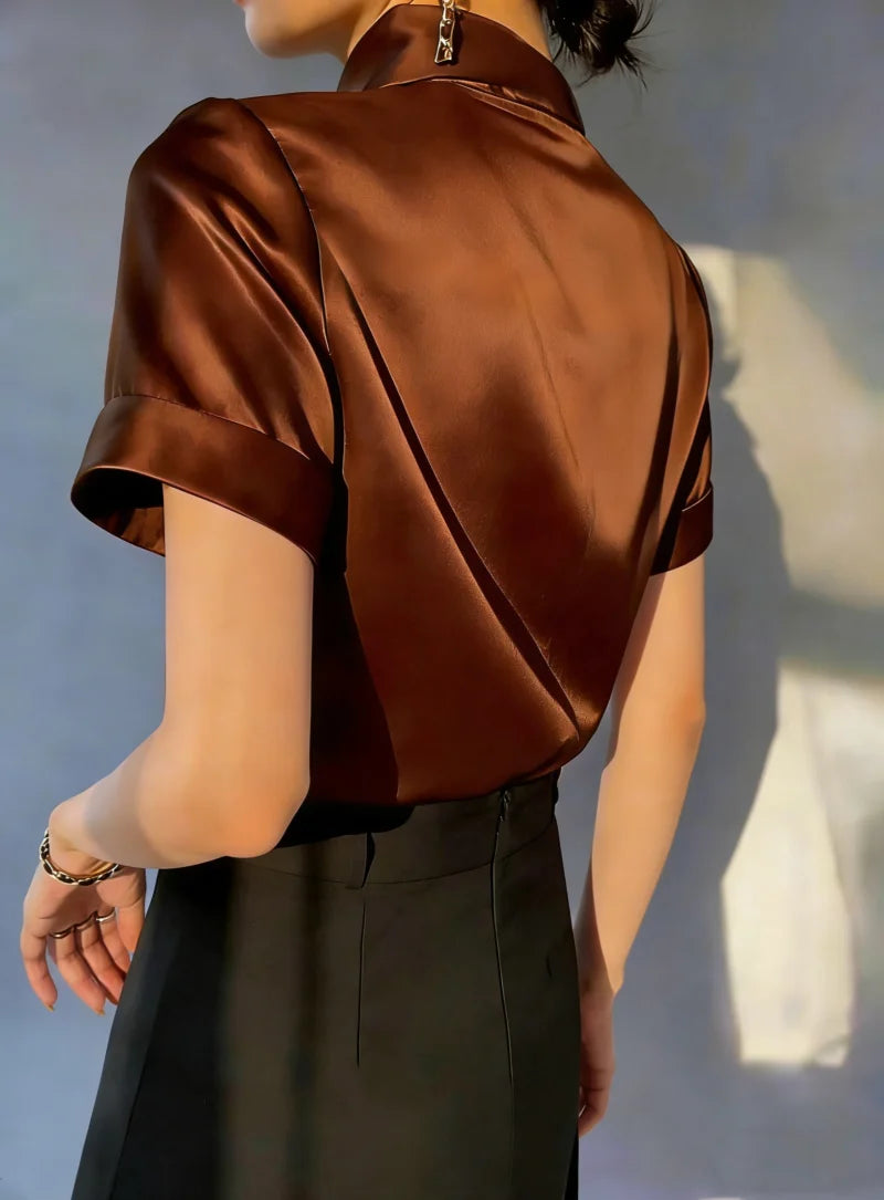Women Satin Blouse with Oversized Pointed Collar Short Sleeve Elegant Button Down Shirt for Office and Formal Occasions