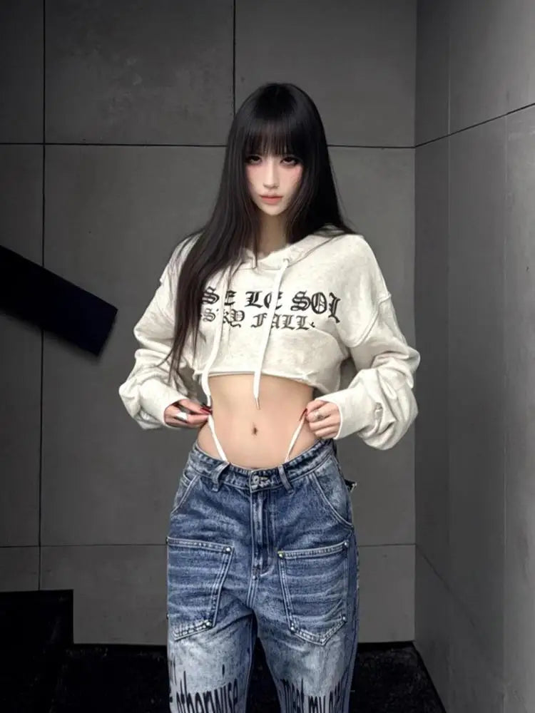 Seeslim Streetwear Graphic T Shirts Women Hooded Print Autumn Tops Korean Fashion 2000s Clothes Y2k Tees Female Clothing T-shirt