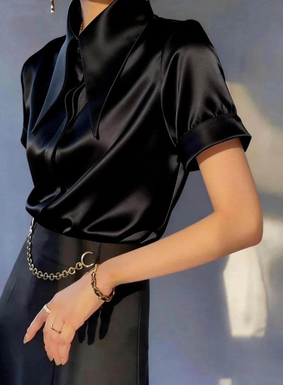 Women Satin Blouse with Oversized Pointed Collar Short Sleeve Elegant Button Down Shirt for Office and Formal Occasions