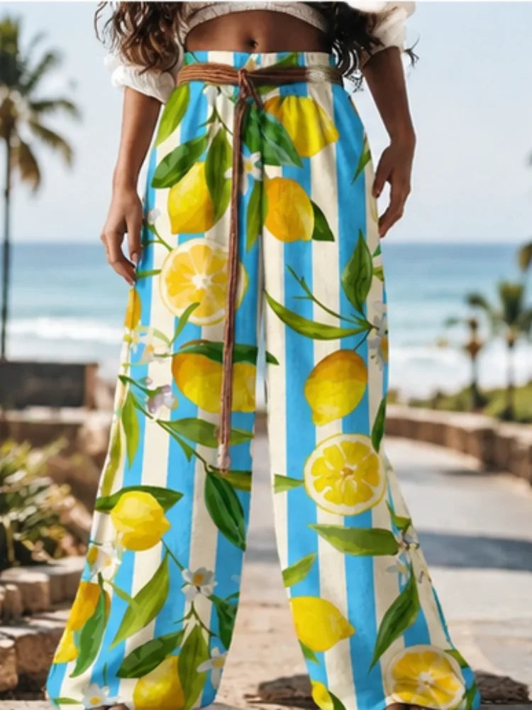 2026 New Style Women's Printed Wide Leg Pants, Blue and White Stripes, Lemon Flower Pattern, Drawstring High-Waisted Baroque Pants. Fast Shipping from the US Warehouse. Suitable for Summer Bohemian Beach Outdoor Vacation and