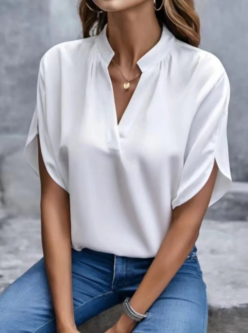 V Neck Short Sleeve Loose Blouse Women Casual Solid Color Top Office Lady Elegant Summer Shirt Plus Size Pullover Tops