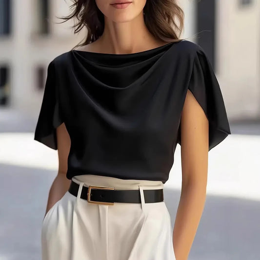 Elegant Short Sleeve Satin Top Women Casual Office Lady  Breathable Fabric Spring Summer New Arrival
