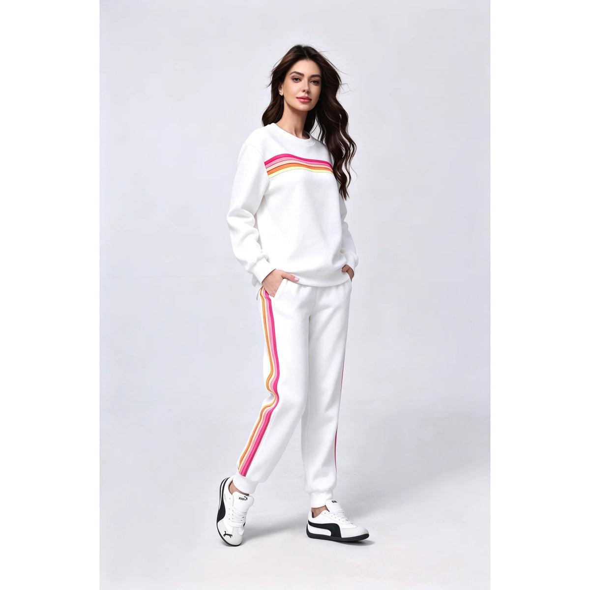 Women's 2 Piece Outfits Rainbow Stripe Sweatsuit Set Long Sleeve Crewneck Sweatshirt Pullover Top & Jogger Pants with Pockets Soft Casual Loungewear Tracksuit Oversized Relaxed Fit Matching Set for Fall Winter Streetwear