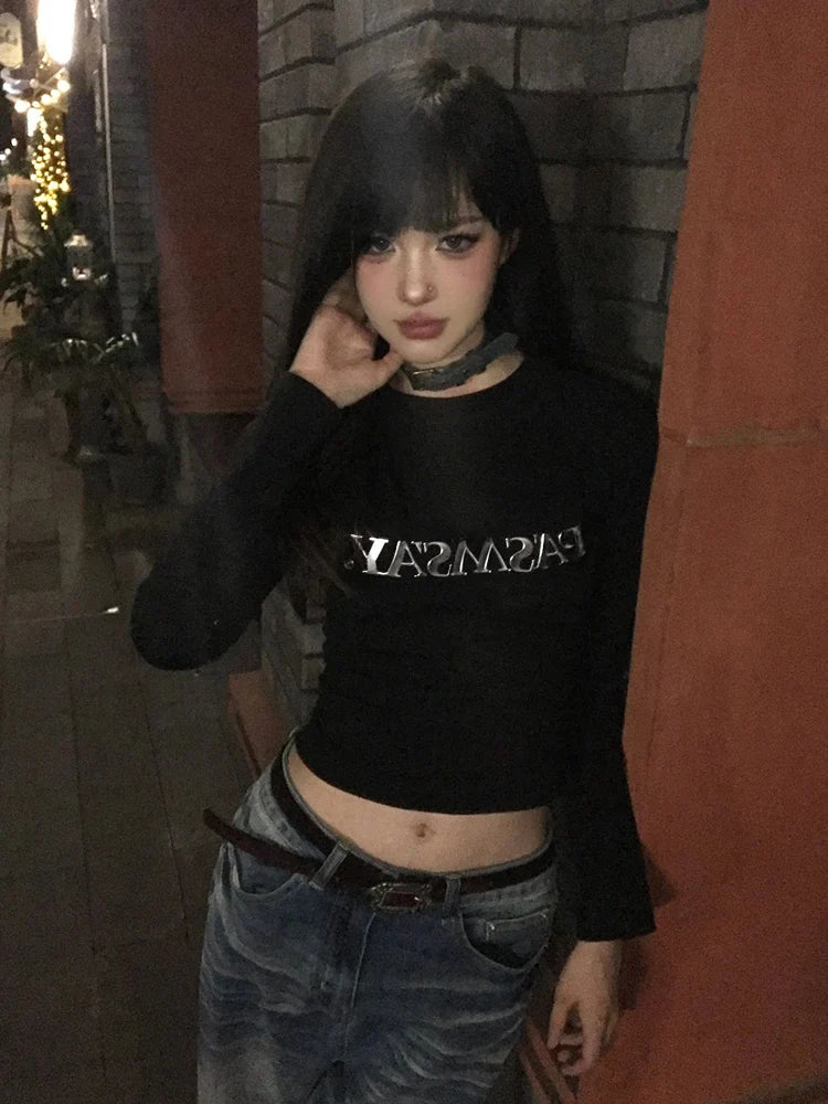 Seeslim Hotsweet Black Print Letter Graphic T Shirts Long Sleeve Slim 2000s Clothes Y2k Tees Female Clothing T-shirt Autumn Top