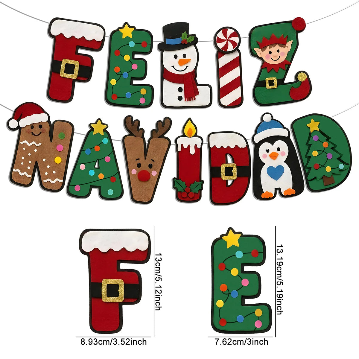 Felt Feliz Navidad Banner Spanish Christmas Letter Garland Snowman Elf Penguin Xmas Wall Hanging Decor for Home Fireplace Party