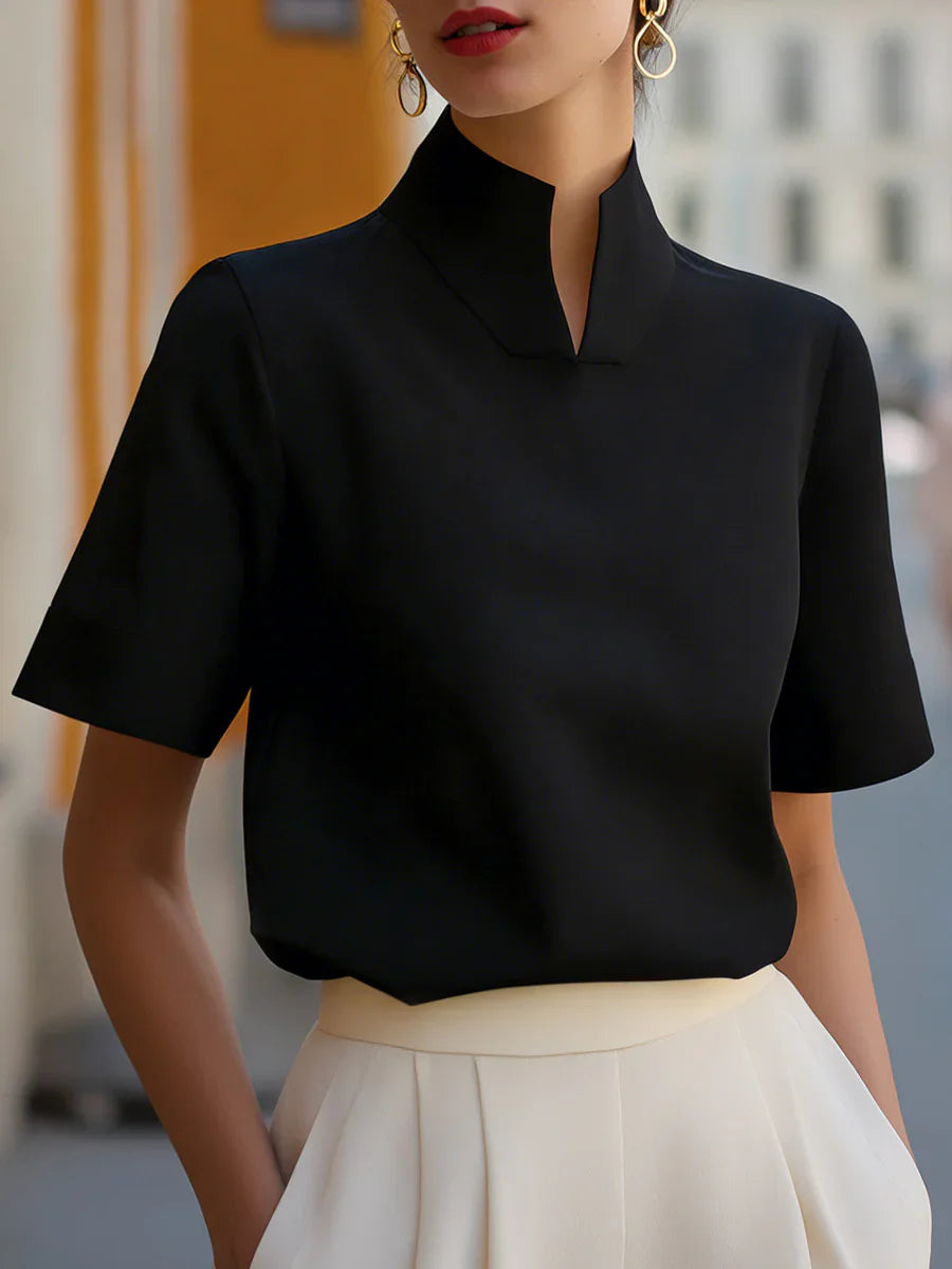 Mandarin Stand Collar Cuffed Short Sleeve Silky Crepe Blouse Women Elegant Office Commuter Shirt