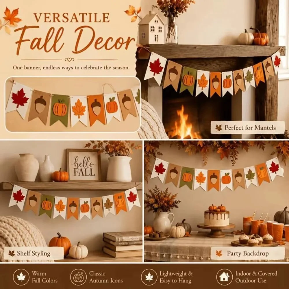 Fall Felt Banner Garland, Maple Leaf Pumpkin Acorn Bunting Flag, Thanksgiving Harvest Party Home Wall Hanging Decoration