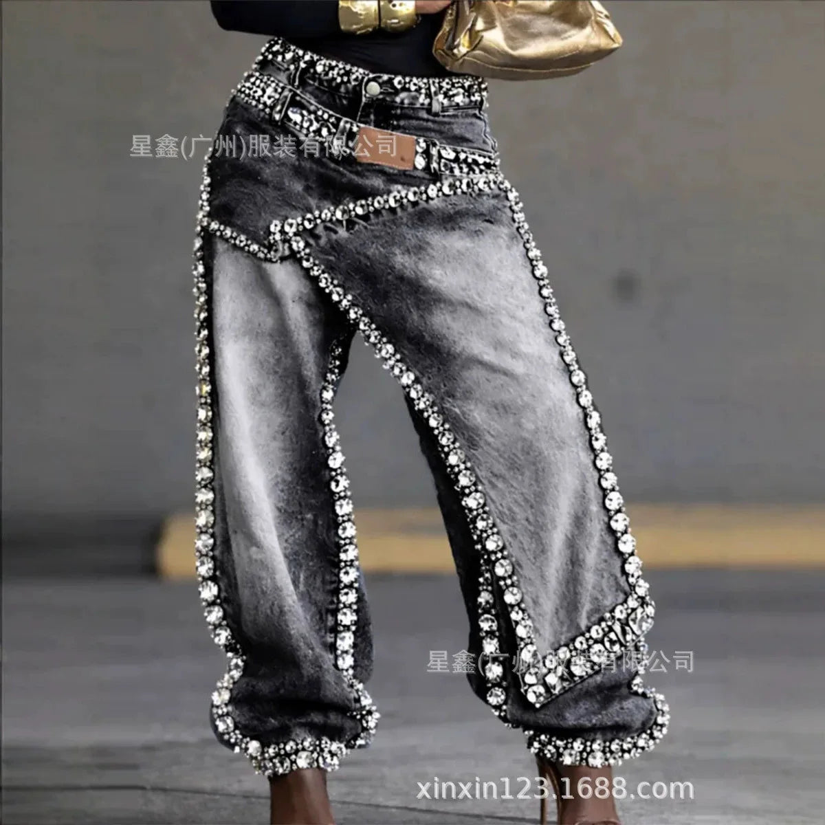 Women Wide Leg Pants Jeans Rhinestone Denims Distressed Washed Full Length Vintage Asymmetrical Trousers Y2k Streetwear 2026