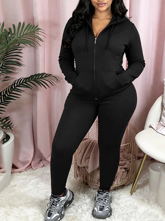 Modern Tailored Solid Color Curvy Streetwear Outfit, Zip Hoodie Tracksuit With Joggers, Comfortable Casual Athleisure, Versatile All Seasons Oversized Matching Set For Yoga Daily Party