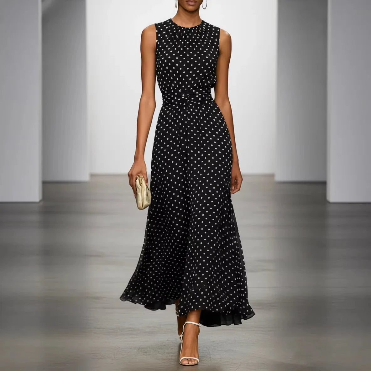 Polka Dot Chiffon Maxi Dress with Waist Tie