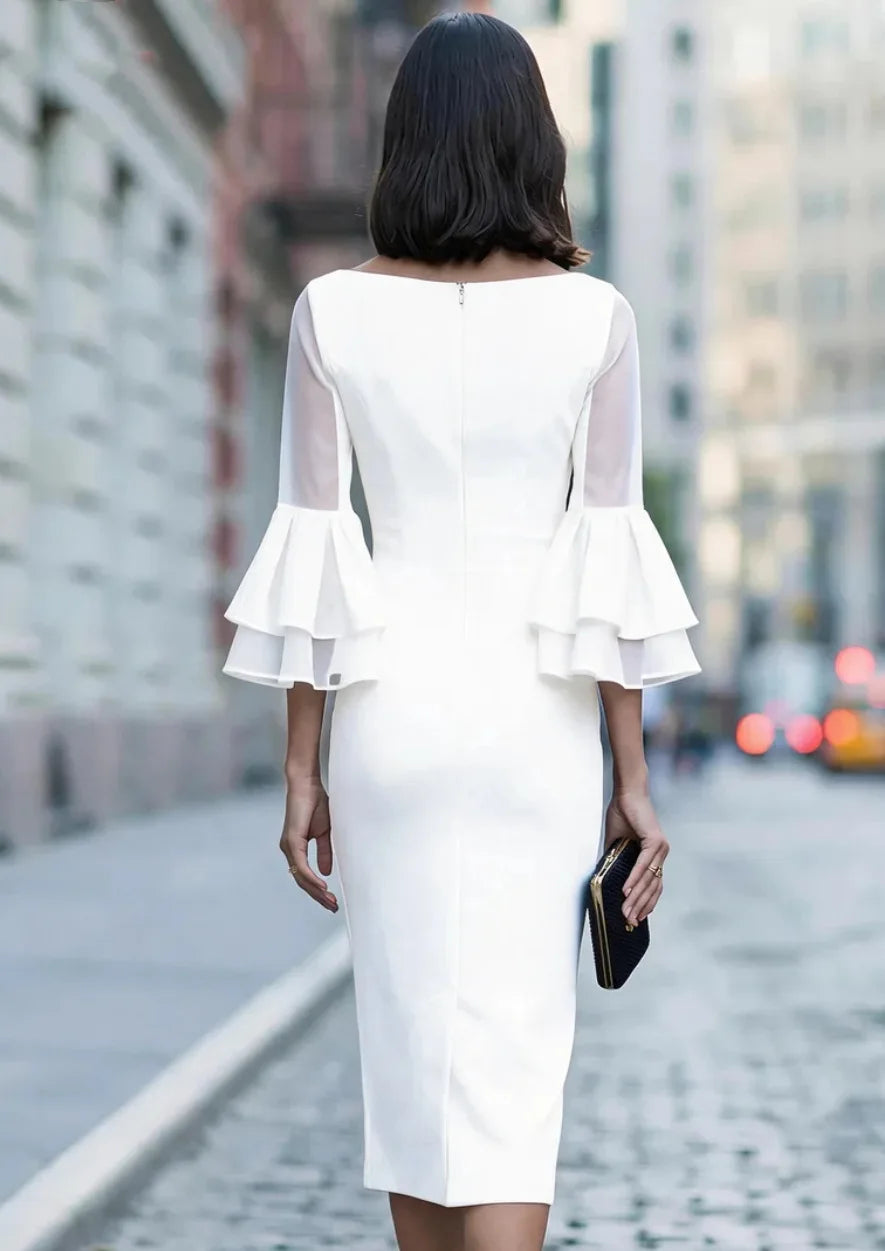 Boat Neck Sheer Mesh Double Layer Flare Three Quarter Sleeve Slim Midi Pencil Dress Women Elegant dress