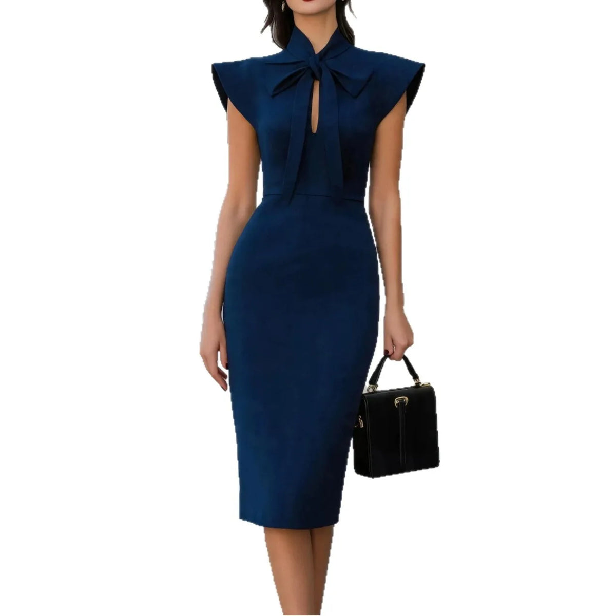 Women Bow Tie Neck Cap Sleeve Bodycon Dress Elegant Office Lady Midi Pencil Dress