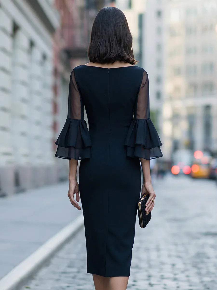 Boat Neck Sheer Mesh Double Layer Flare Three Quarter Sleeve Slim Midi Pencil Dress Women Elegant dress