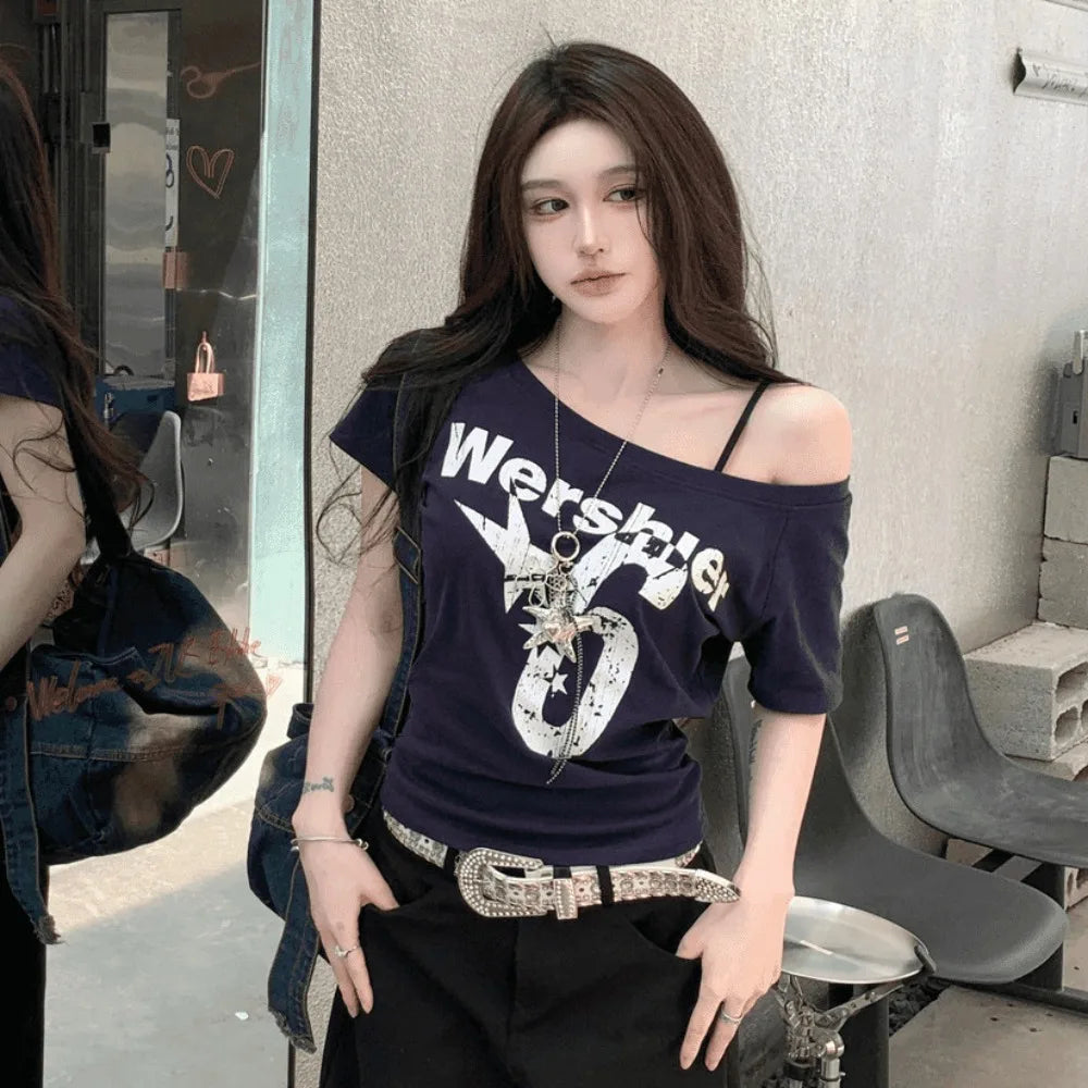 Fashion Y2k Off Shoulder Top Skew Collar Body Basic Crop Top Letter Print Basic Crop Top Vintage Style