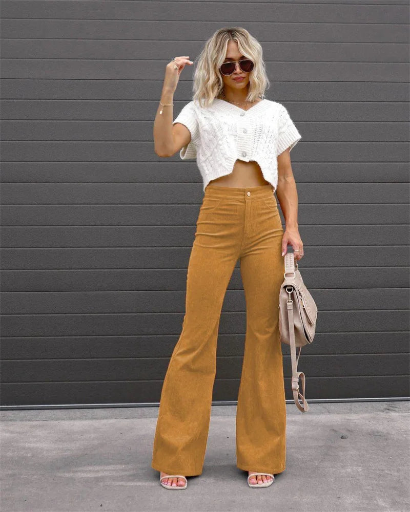 2023 Corduroy Casual Trousers Women Autumn Winter Solid High-waist Flare Pants Lady Slim Black Gray Khaki Orange Long Pants
