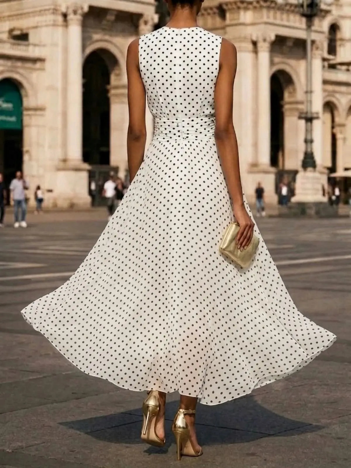 Polka Dot Chiffon Maxi Dress with Waist Tie