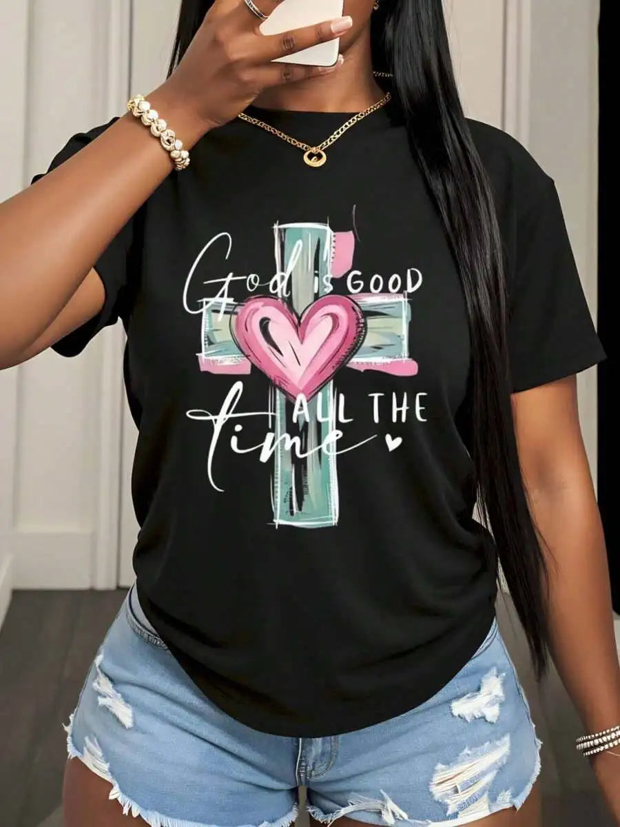 2026 Spring Summer Women Christian Faith Graphic Tee 220g Soft Cotton Crewneck Short Sleeve God Is Good All The Time Cross Heart Print Religious Aesthetic Mother's Day Church Daily Loungewear Novelty Gift Tops S-7XL Fast Ship
