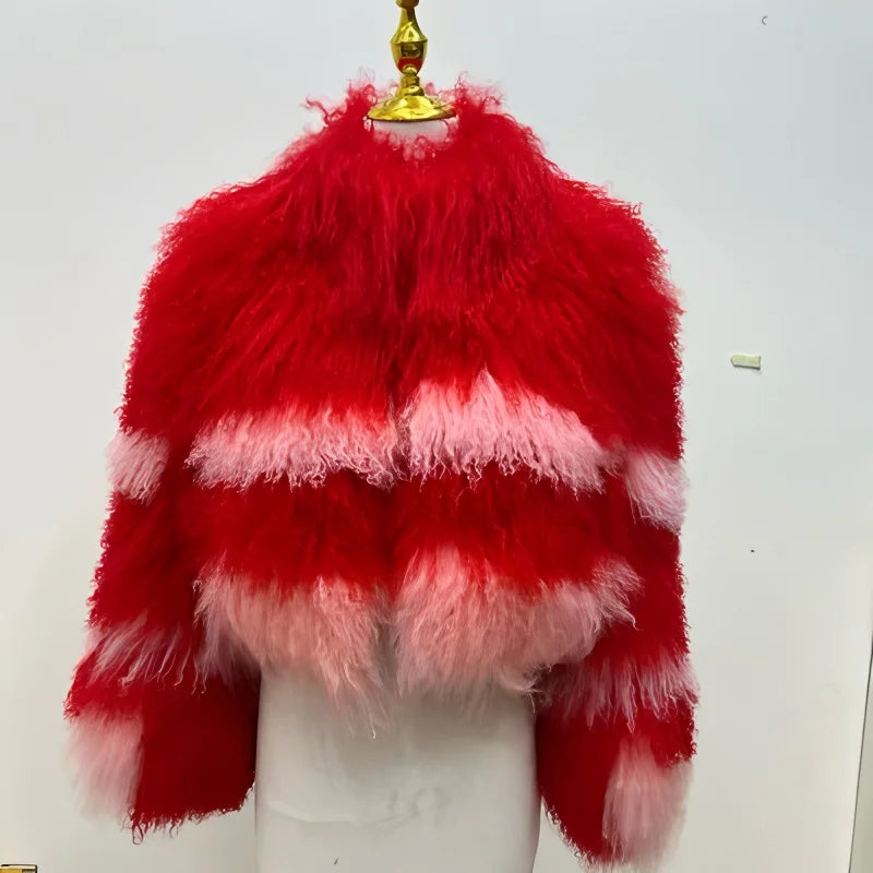 Aulande New Women Winter 100% Real Fur Mongolian Sheepskin Coats Short  40 CM Standing Coller Fashion High Quality Sheep Jacket