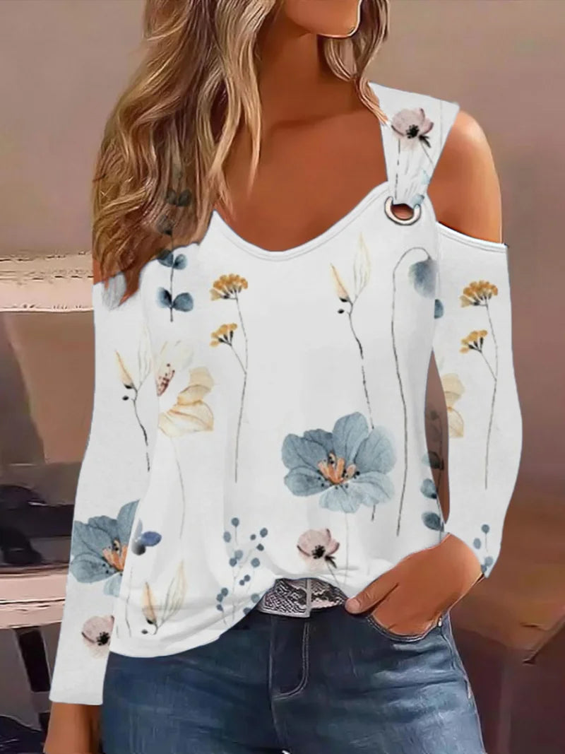Women's Cold Shoulder Striped T Shirt Long Sleeve V Neck Casual Top Fashion Streetwear Chic Outfit