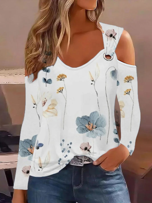 Women's Cold Shoulder Striped T Shirt Long Sleeve V Neck Casual Top Fashion Streetwear Chic Outfit