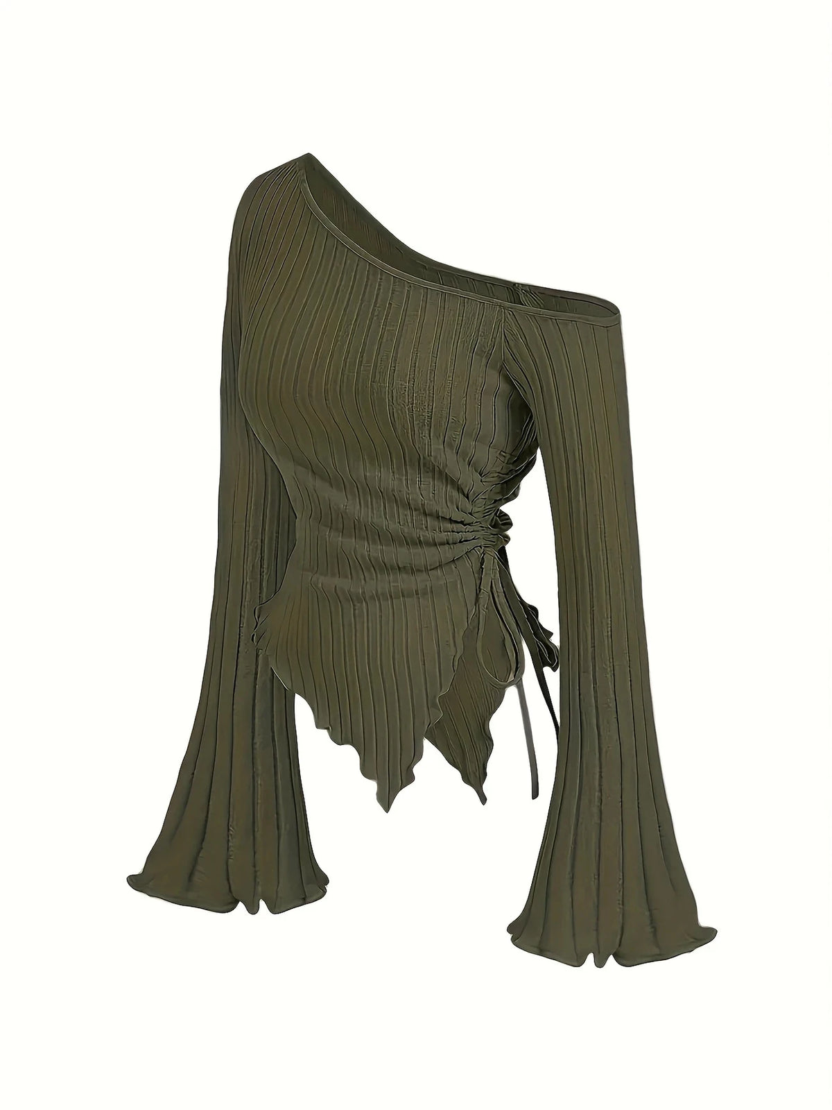 Women's Off-Shoulder Cross Long-Sleeved Slim Fit T-Shirt Asymmetrical Street Style Casual Elegant Top with Trumpet Sleeves