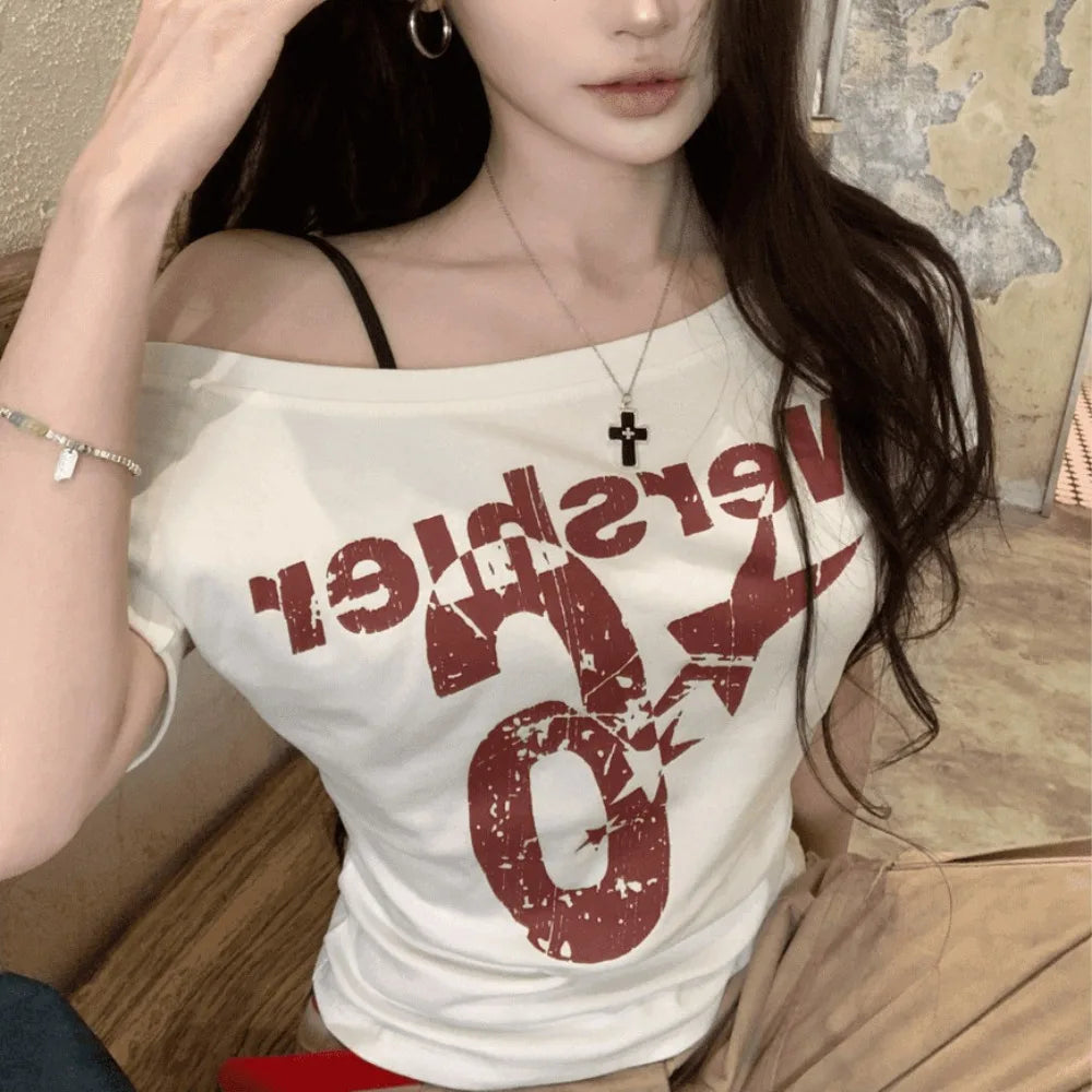 Fashion Y2k Off Shoulder Top Skew Collar Body Basic Crop Top Letter Print Basic Crop Top Vintage Style