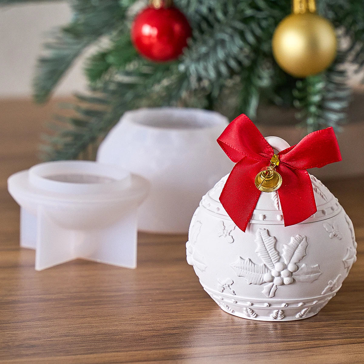 Christmas Relief Snows Berry Candle Jar Silicone Mold DIY Round Ball Storage Box Molds Plaster Resin Making Kit Xmas Crafts Deco