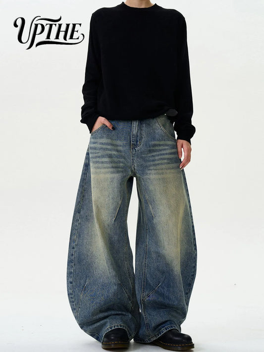 UP.THE Men Vintage Washed Baggy Wide Leg Jeans, Y2K Loose Oversized Denim Pants, Retro Streetwear Trousers for Daily Outfits