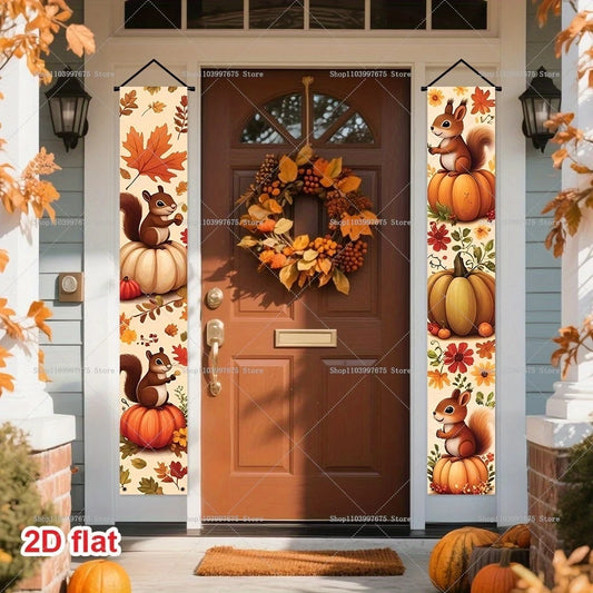 Thanksgiving Banners Autumn Theme Squirrel Decor Couplets Porch Sign Indoor Outdoor Home Wall Hanging Banners Party Supplies