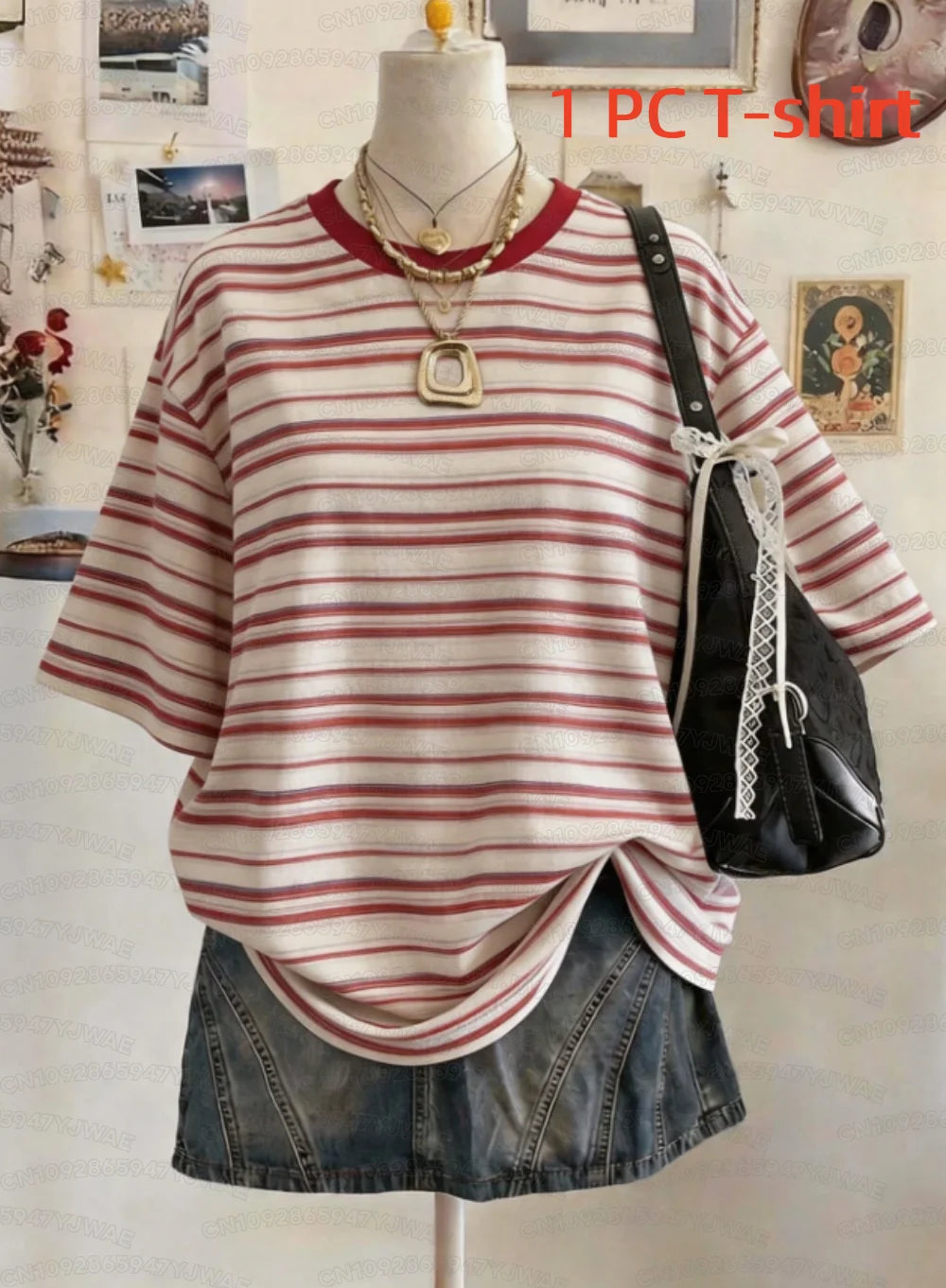 Summer Y2K Striped Print Casual Oversized Round Neck Drop Shoulder Women Short Sleeve T-shirt Street Casual Sports Top