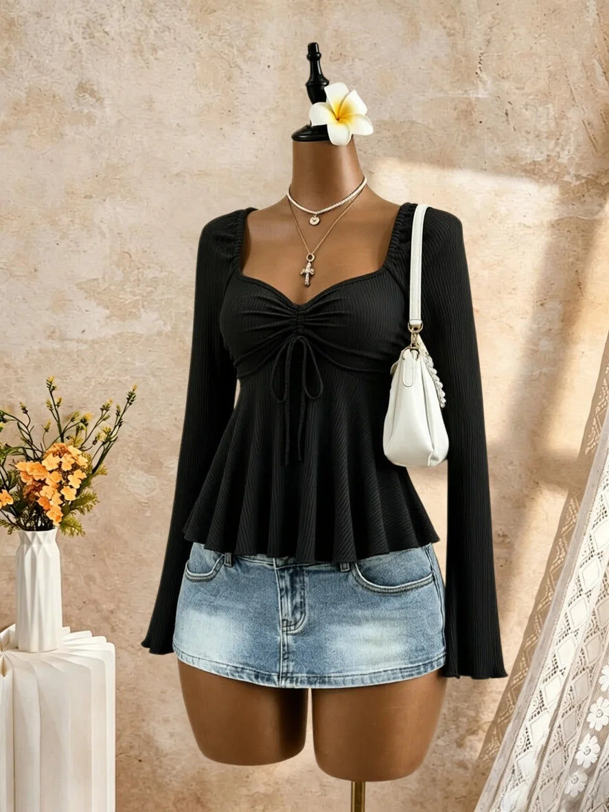 Women Square Neck Ruched Drawstring Bust Flare Long Sleeve Peplum Top Ribbed Knit Solid Black Slim Fit Casual Blouse