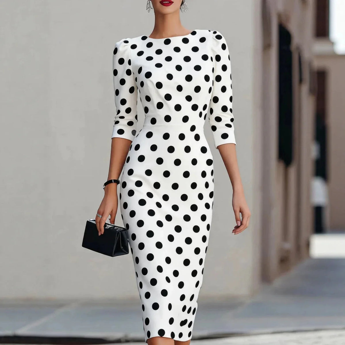 Round Boat Neck Padded Shoulder Three Quarter Sleeve Polka Dot Midi Pencil Dress Elegant Office Party Knee Length Sheath Gown