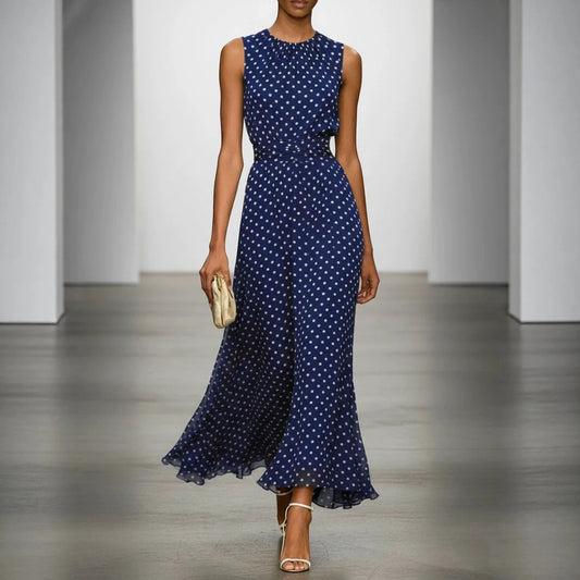 Polka Dot Chiffon Maxi Dress with Waist Tie