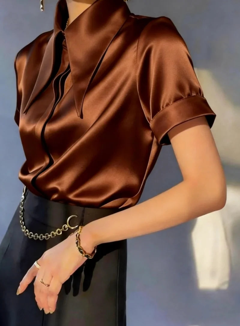 Women Satin Blouse with Oversized Pointed Collar Short Sleeve Elegant Button Down Shirt for Office and Formal Occasions