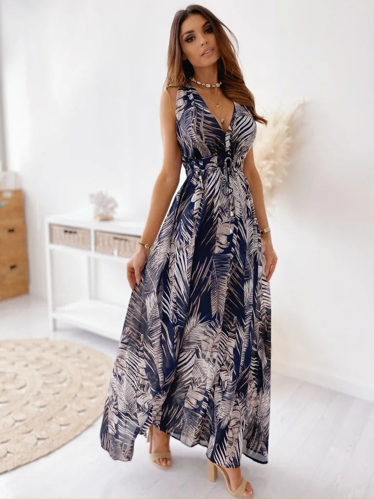 Women Tie-Up Backless Party Beach Dress Sexy V Neck Boho Long Dresses Summer Elegant Print Sleeveless Lady Maxi Dress Vestidos