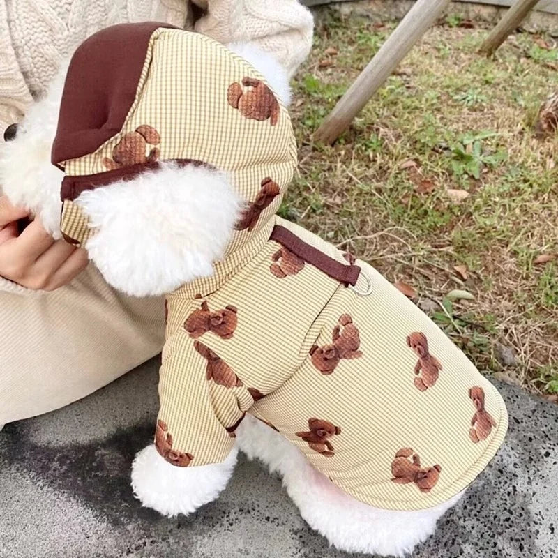 Winter Dog Jacket Coat with Hat Fashion New Dog Clothes Bear Print Puppy Down Jacket Thickened Cat Overcoat Poodle Pet Outfits