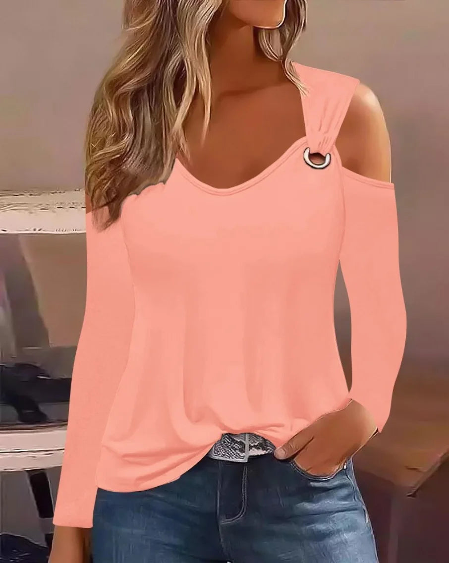 Women's Cold Shoulder Striped T Shirt Long Sleeve V Neck Casual Top Fashion Streetwear Chic Outfit