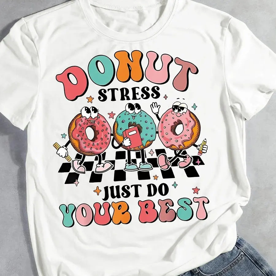 Cartoon Donut Print T-shirt, Short Sleeve Crew Neck Casual Top For Summer & Spring, Women's Clothing