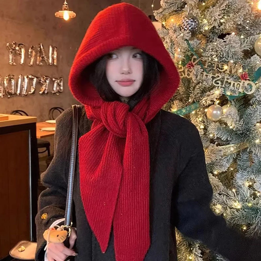 Knitted Hooded Scarf for Women Winter Warm Balaclava Hat Scarf 2 In 1 Neck Warmer Windproof Ear Cover Outdoor Fashion Headwear