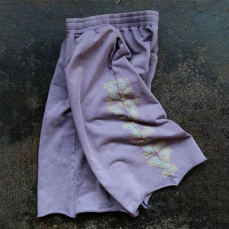 Y2K Retro Imperfect Purple Shorts Sunfade Letter Print Capri Pants American Hip Hop Casual Streetwear Unisex Baggy Sweatpants