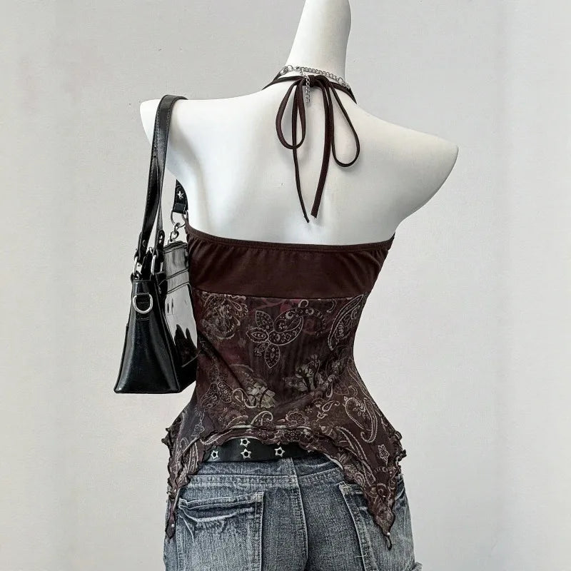 Sexy Spicy Girl Sleeveless Halter Tops Women's Printed Mesh Splice Slim Fit Backless Camisole Summer Fashion Elegant Crop Top