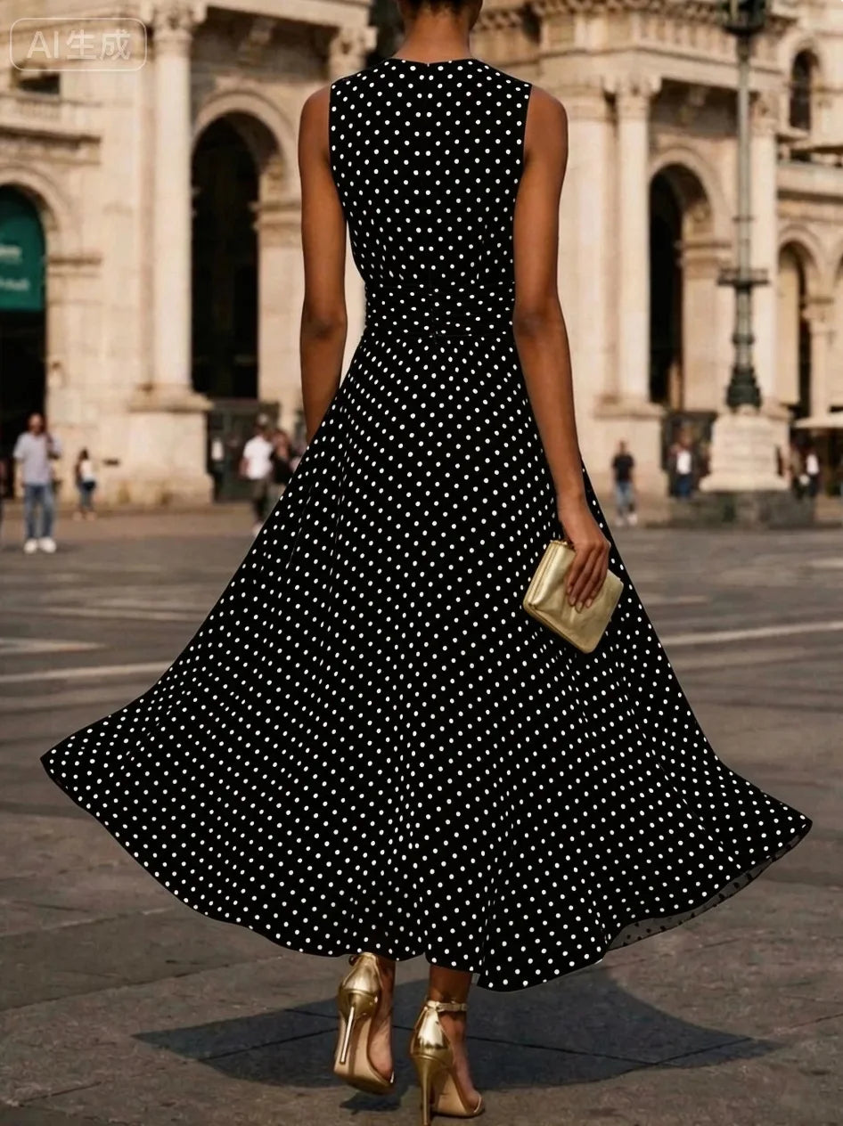 Polka Dot Chiffon Maxi Dress with Waist Tie